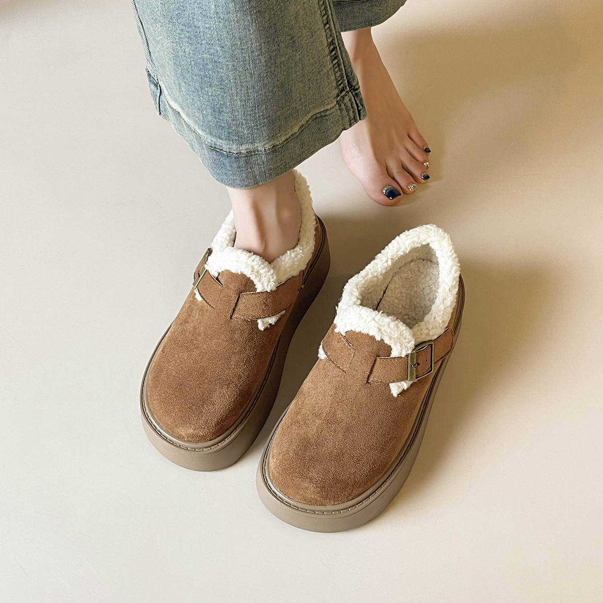 DM-YW45 | Suede & Cork Winter Shearling Fur-Lined Chunky - Jinjiang Dingmao Shoes Co., Ltd.