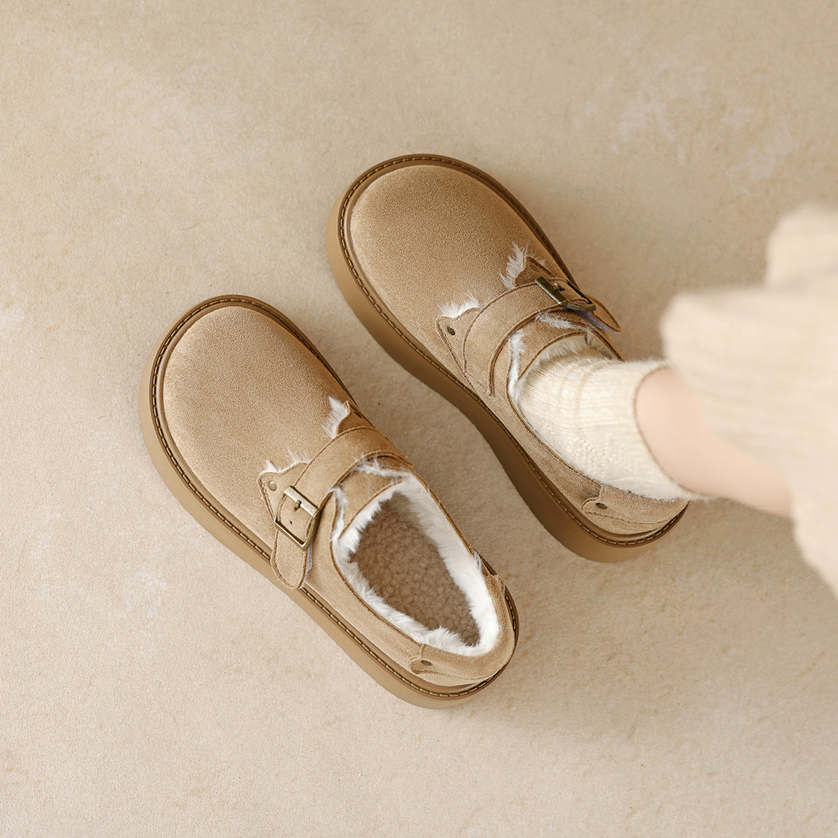 DM-YW57 | Suede & Cork Winter Shearling Fur-Lined Chunky - Jinjiang Dingmao Shoes Co., Ltd.