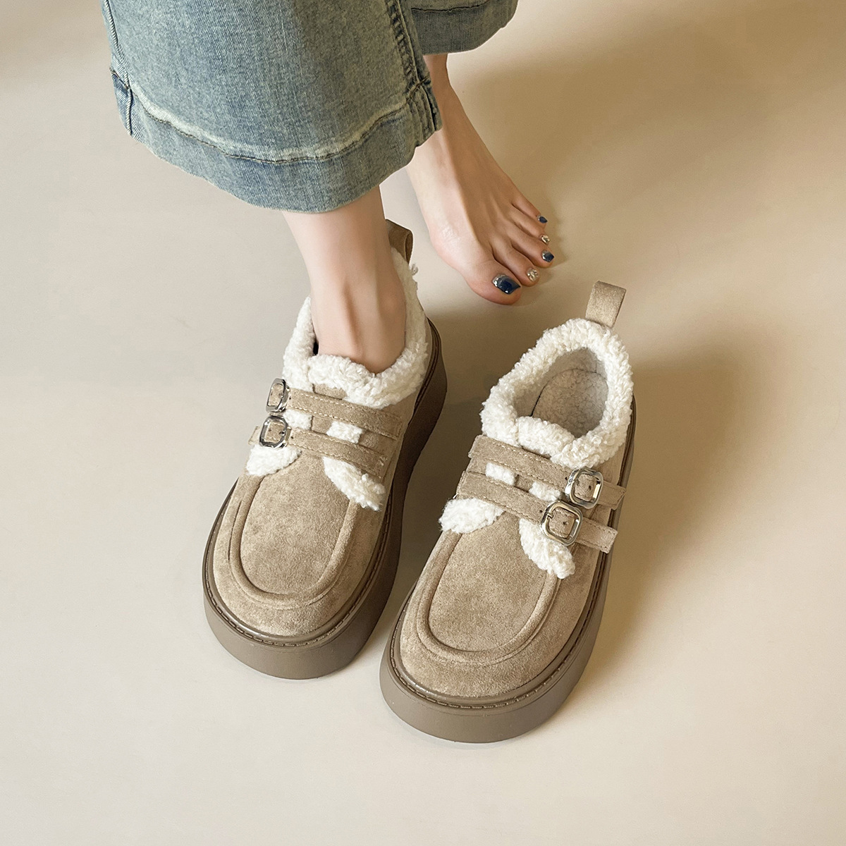 DM-YW64 | Suede & Cork Winter Shearling Fur-Lined Chunky - Jinjiang Dingmao Shoes Co., Ltd.