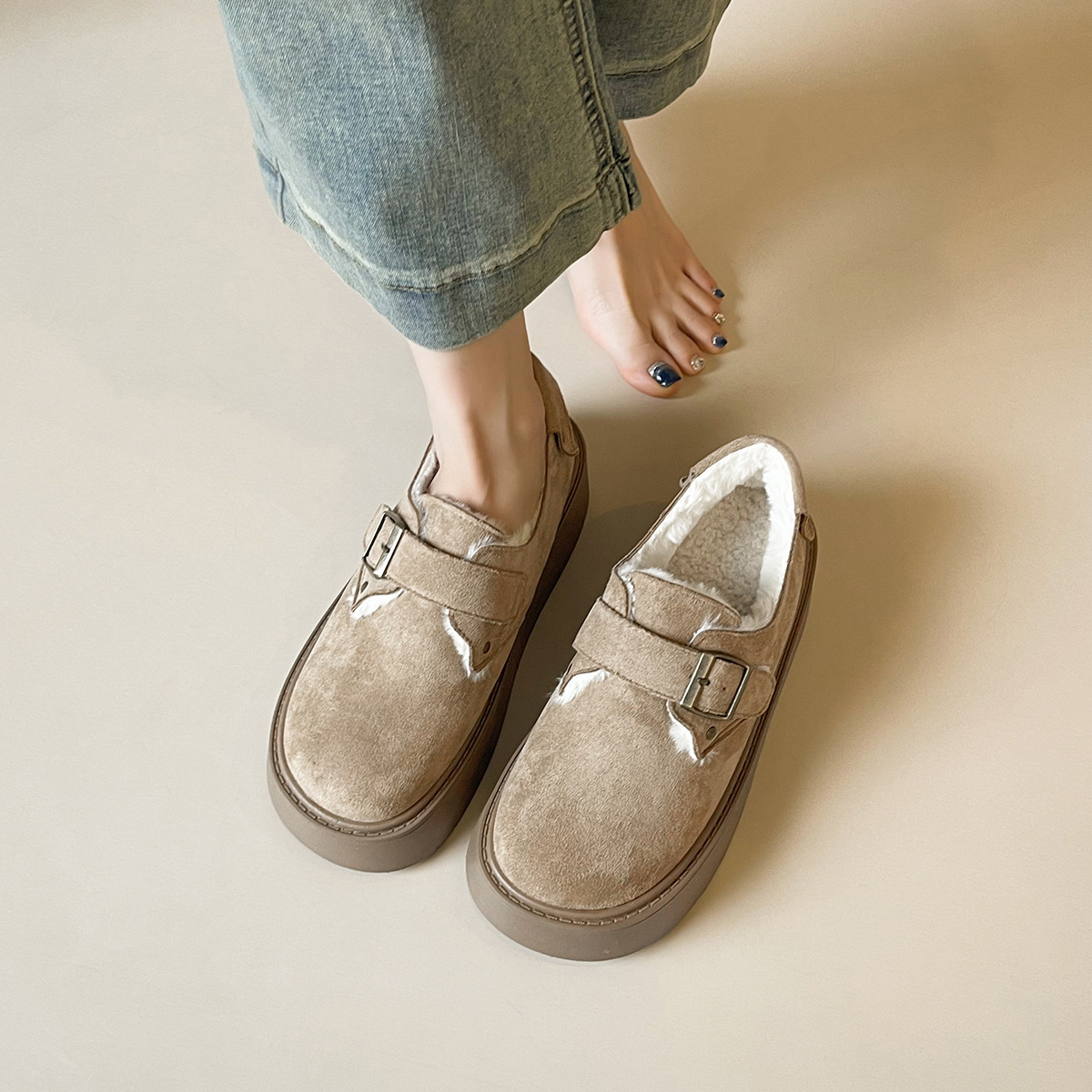 DM-YW71 | Suede & Cork Winter Shearling Fur-Lined Chunky - Jinjiang Dingmao Shoes Co., Ltd.